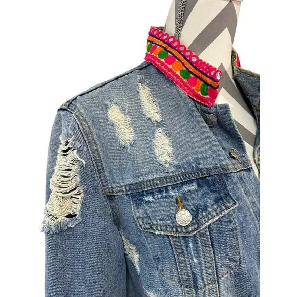 Mary Marshmallow Jean Jacket Large First Rule No Rules Sequin Patch Distressed - Picture 3 of 8